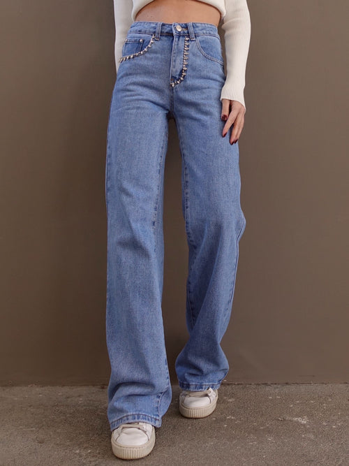 JEANS WIDE LEG CON STRASS E TAGLI SUL RETRO - Y902