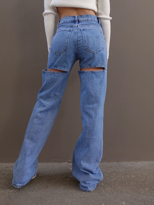JEANS WIDE LEG CON STRASS E TAGLI SUL RETRO - Y902