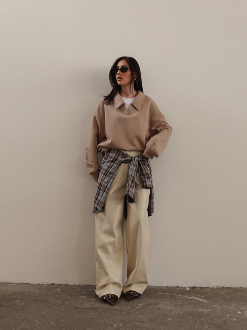 PANTALONI IN ECOPELLE WIDE LEG - BEIGE 19353