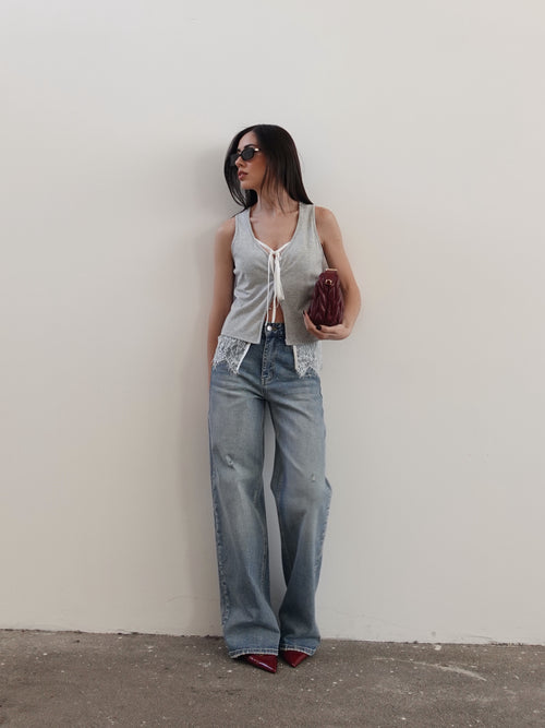 JEANS WIDE LEG FONDO SFRANGIATO - LAVAGGIO CHIARO 8000-22