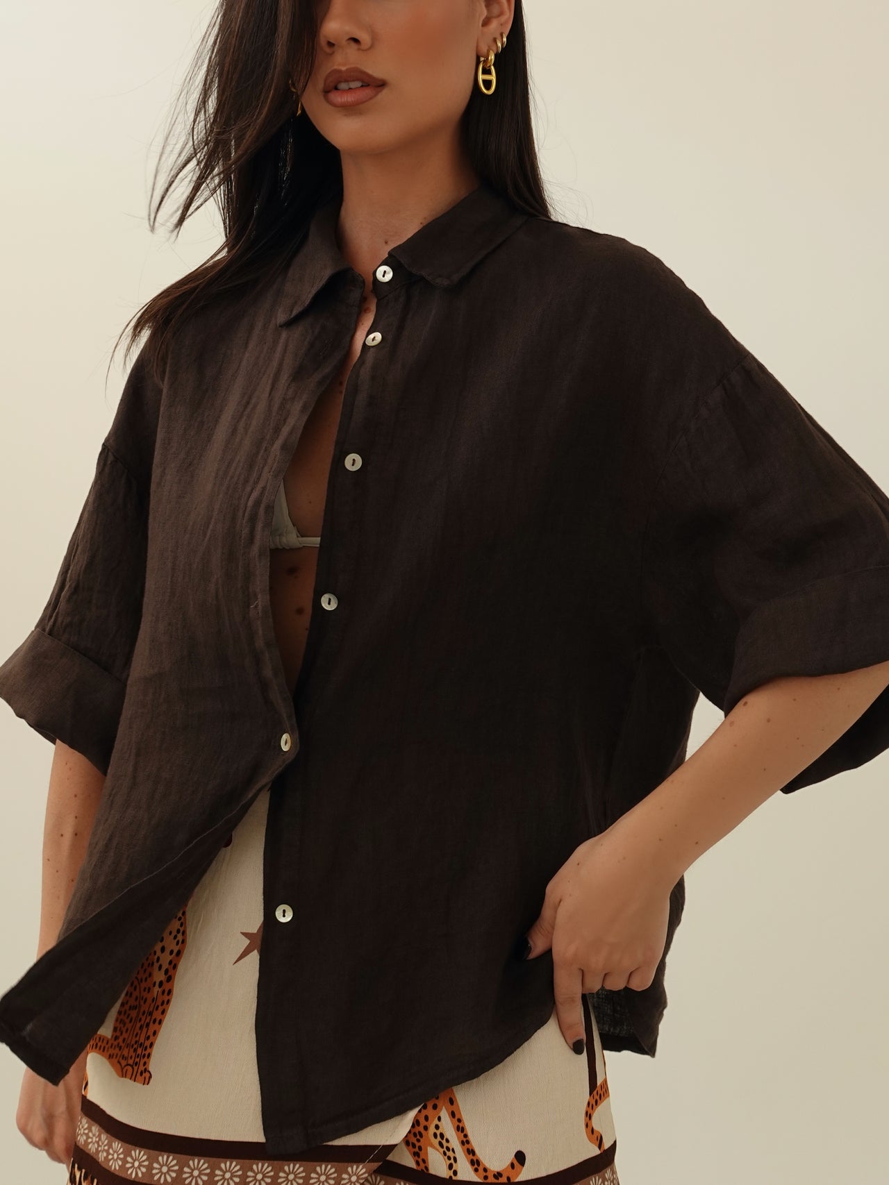 CAMICIA 100% LINO MEZZA MANICA - CIOCCOLATO 10742