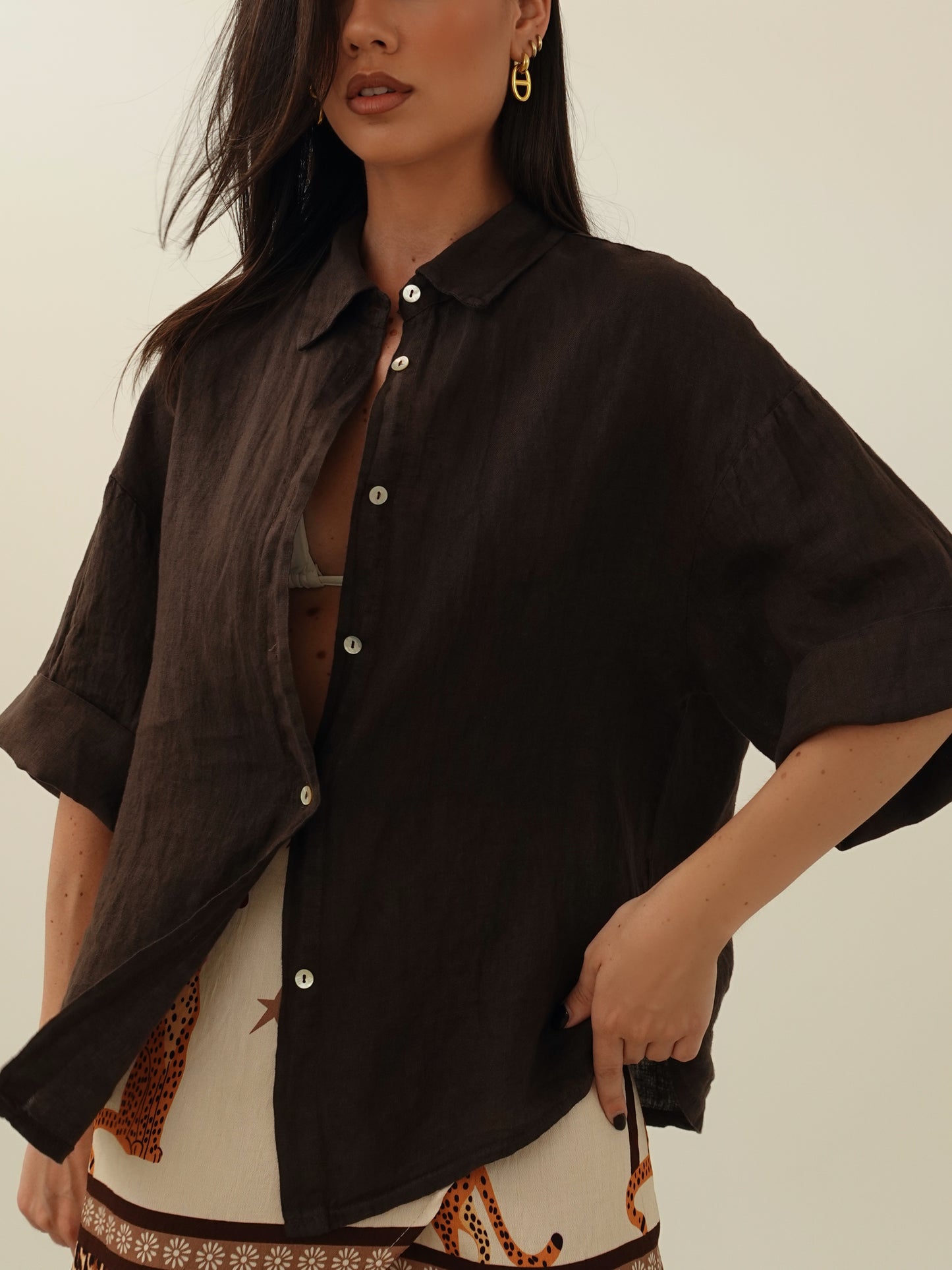 CAMICIA 100% LINO MEZZA MANICA - CIOCCOLATO 10742