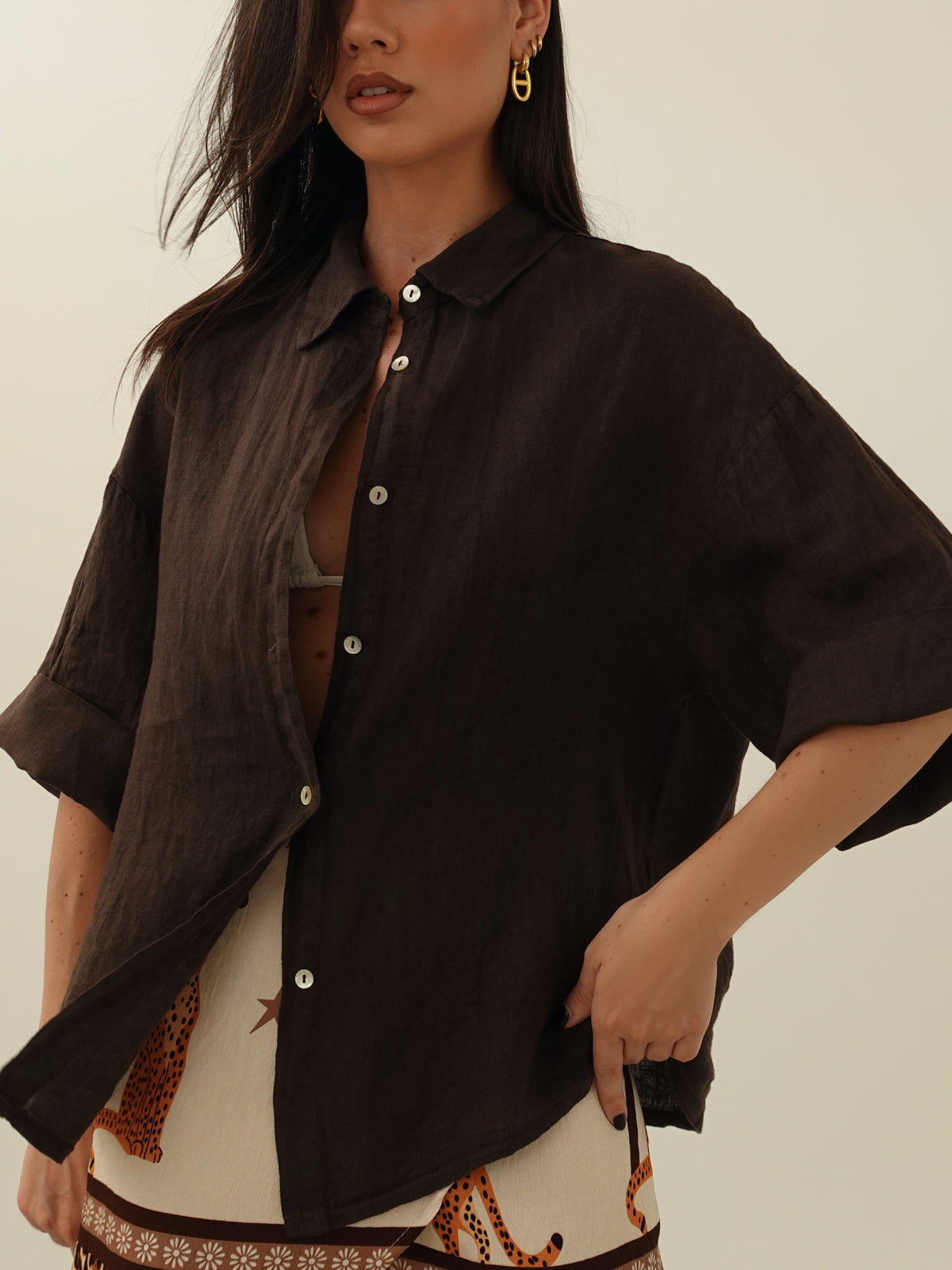 CAMICIA 100% LINO MEZZA MANICA - CIOCCOLATO 10742