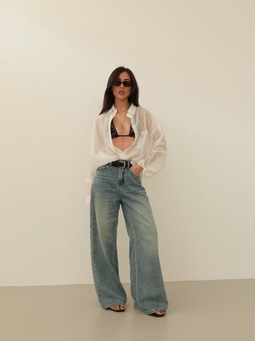 JEANS WIDE LEG SABBIATO CON CINTURA - LAVAGGIO MEDIO 66381