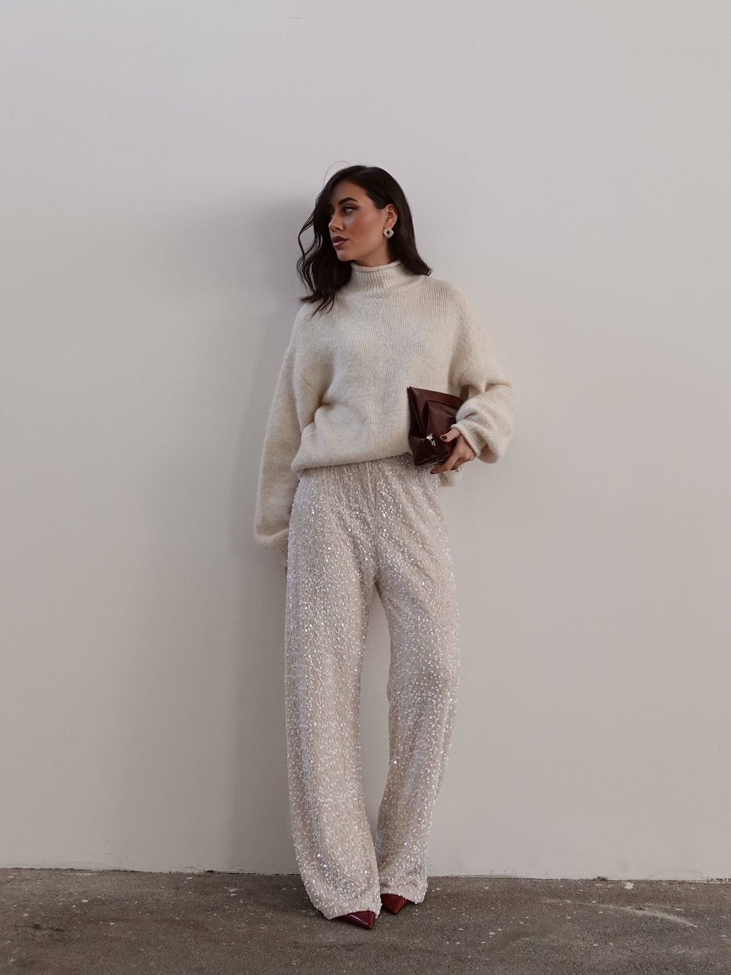 PANTALONI IN CINIGLIA CON PAILLETTES - PANNA 10460