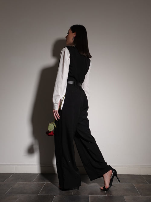 JUMPSUIT CON STRASS E CINTURINO - NERO 8711