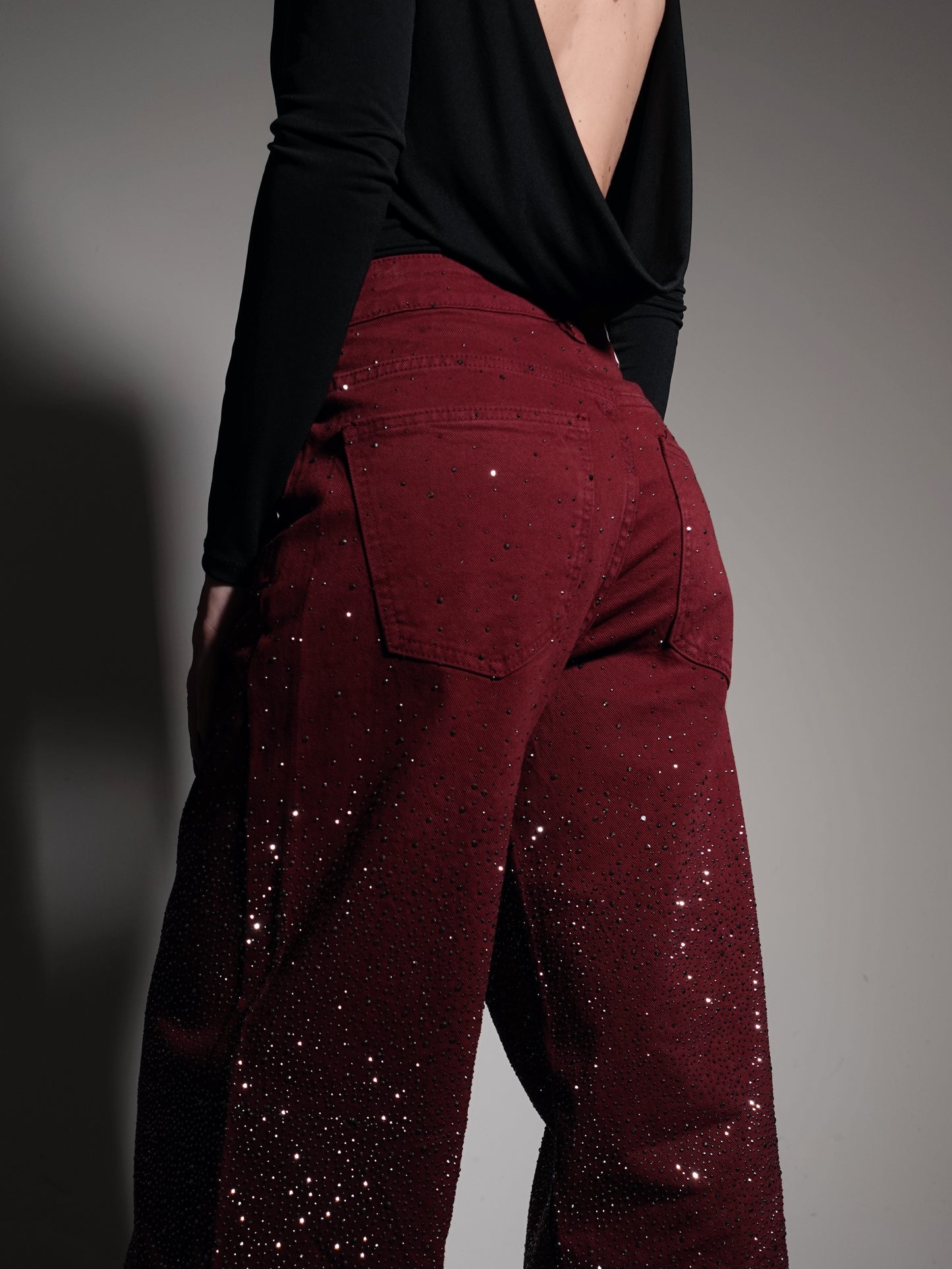 JEANS WIDE LEG CON STRASS - BORDEAUX 3245