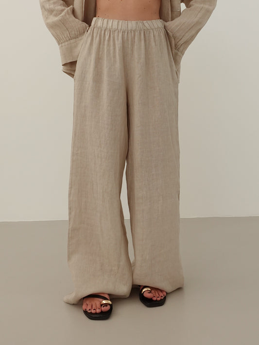PANTALONI WIDE LEG 100% LINO - BEIGE 8767-2