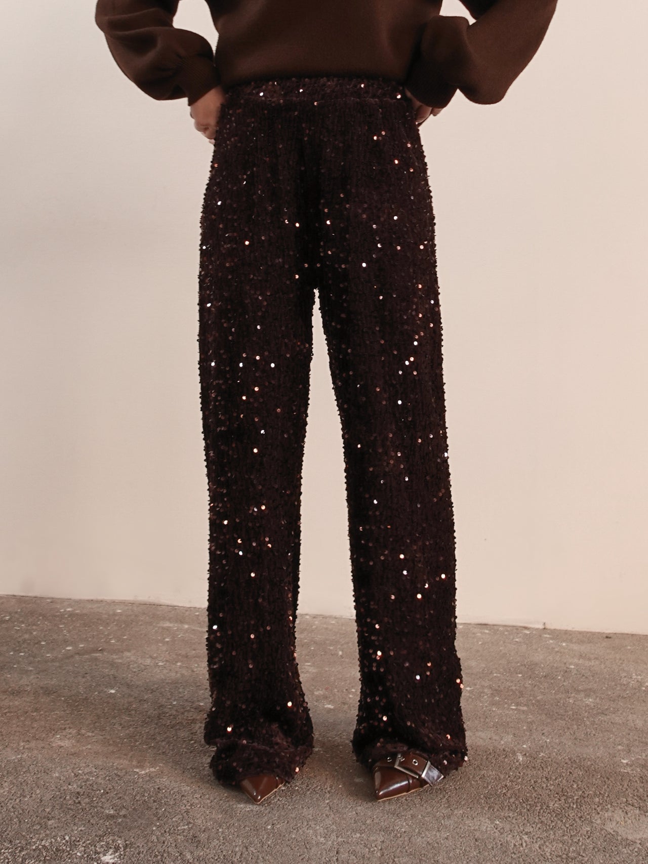 PANTALONI IN CINIGLIA CON PAILLETTES - MARRONE 10460