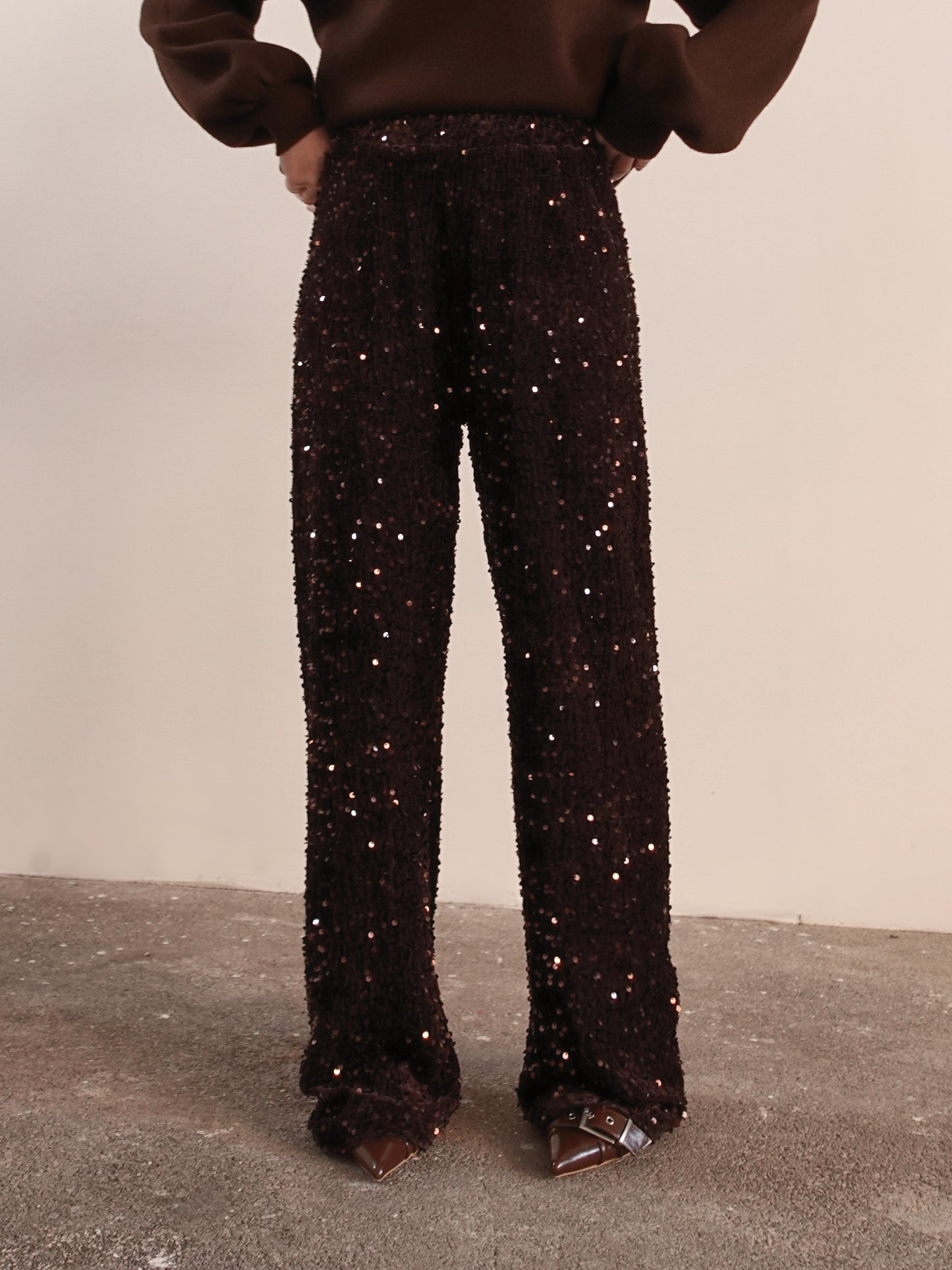 PANTALONI IN CINIGLIA CON PAILLETTES - MARRONE 10460