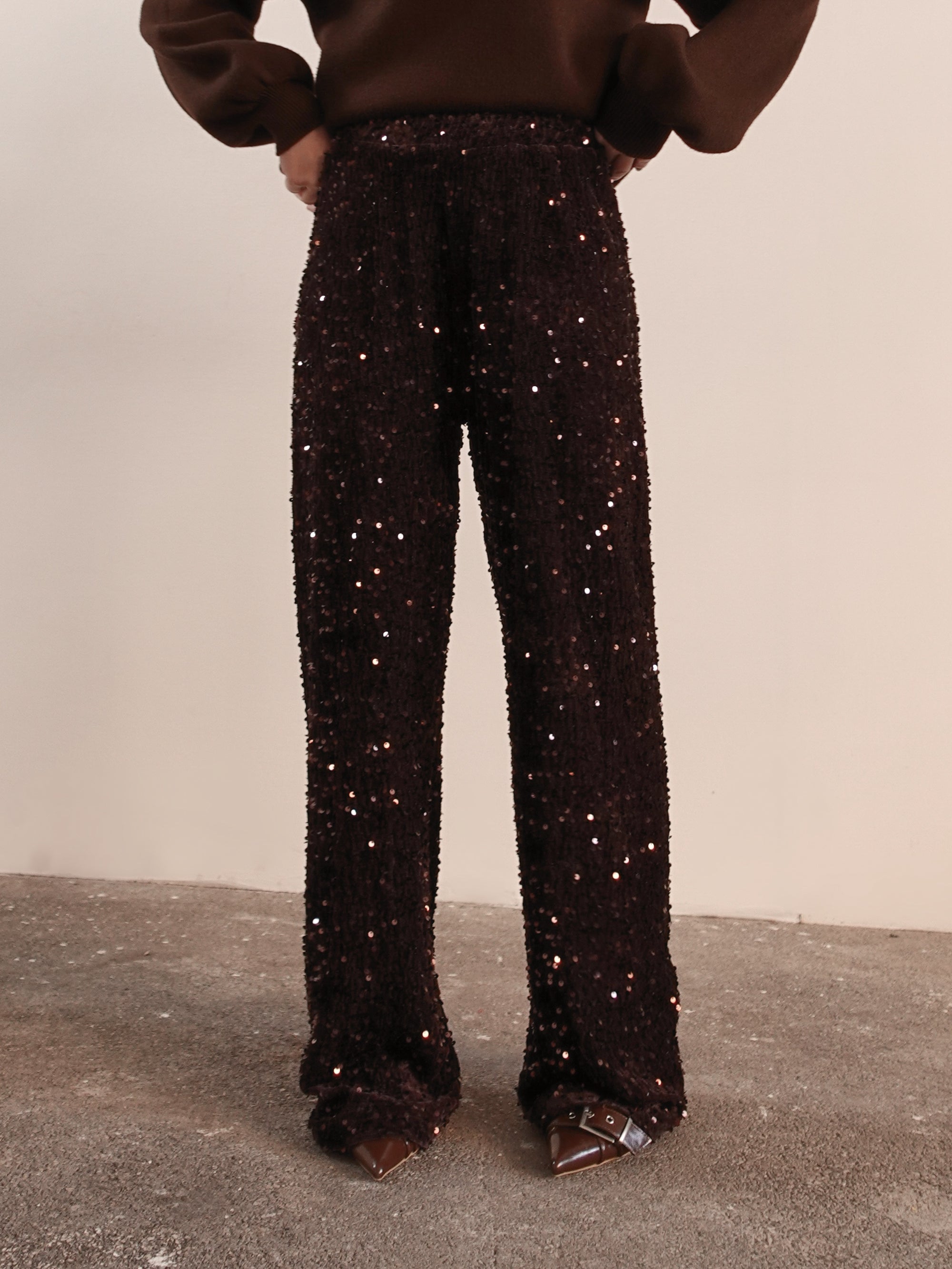 PANTALONI IN CINIGLIA CON PAILLETTES - MARRONE 10460