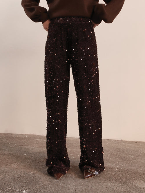 PANTALONI IN CINIGLIA CON PAILLETTES - MARRONE 10460