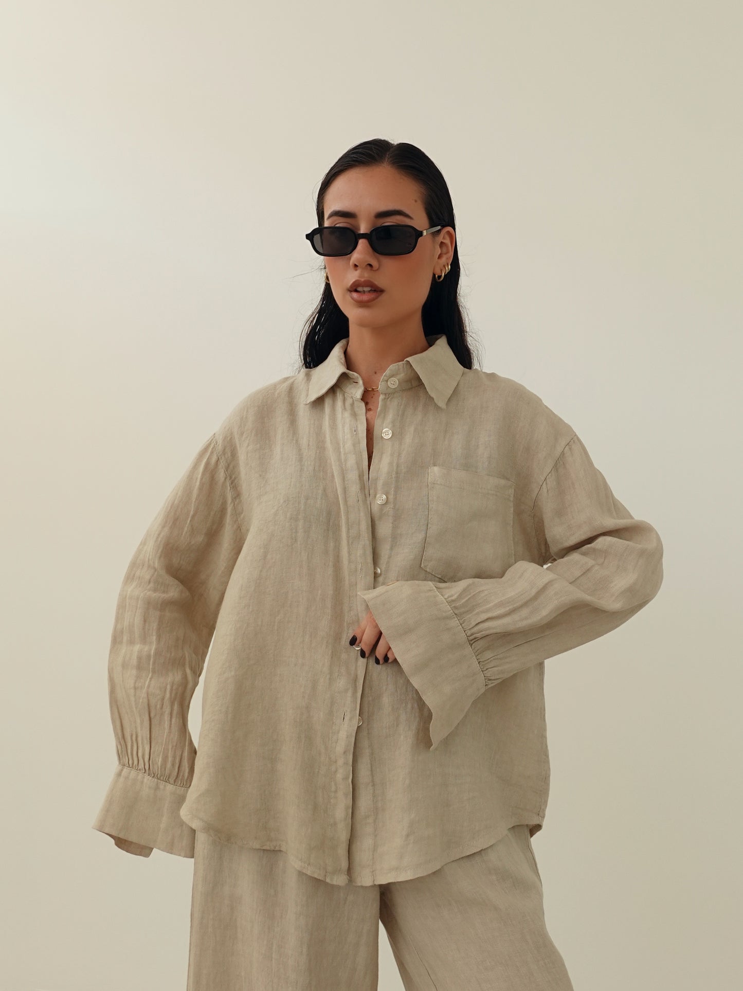 CAMICIA CON TASCHINO IN 100% LINO - BEIGE 8612-1