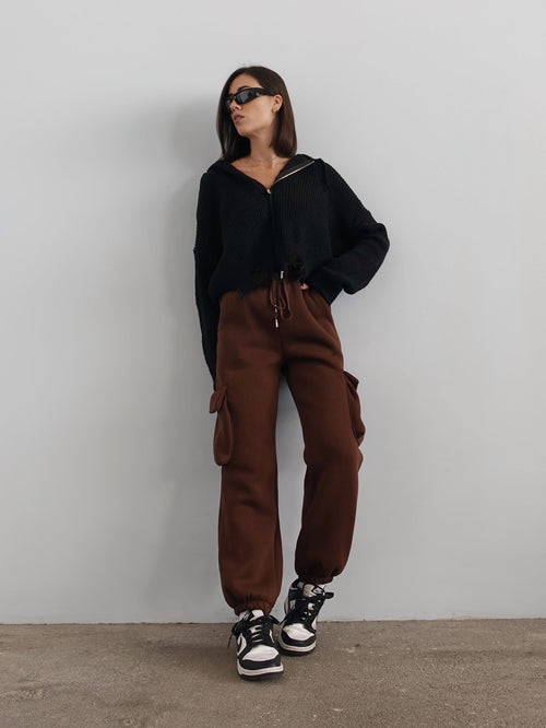 JOGGERS CON TASCONI CON PILE INTERNO - MARRONE 30899