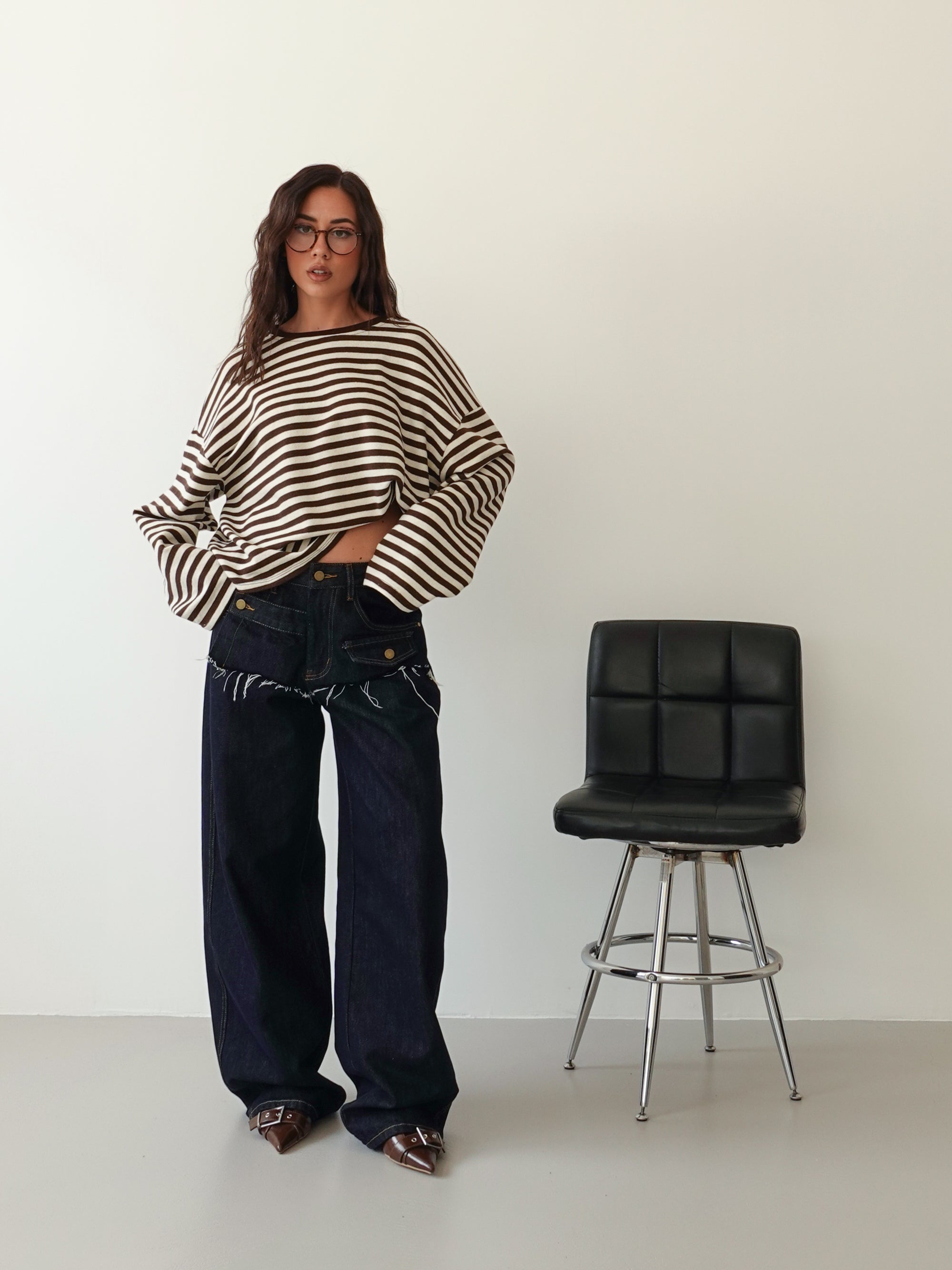 LONG-SLEEVE A RIGHE - BURRO/MARRONE F1109