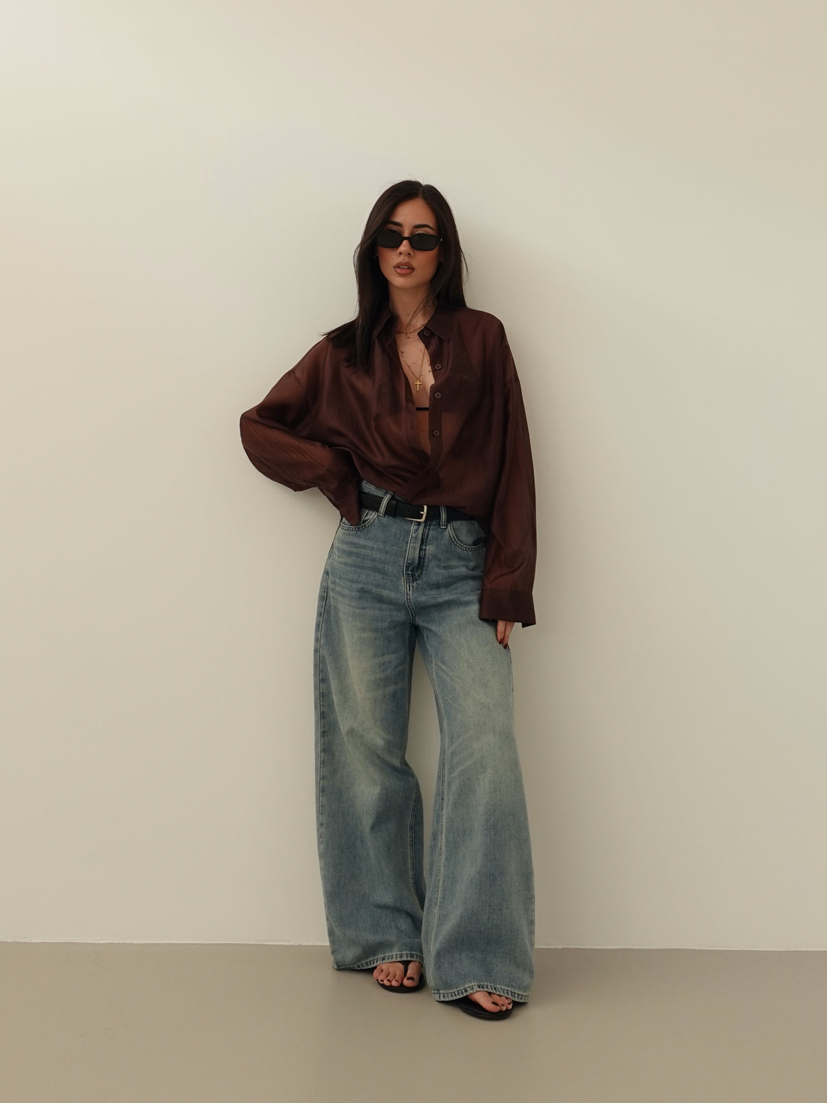 JEANS WIDE LEG SABBIATO CON CINTURA - LAVAGGIO MEDIO 66381