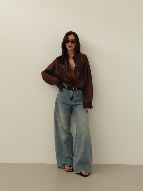 JEANS WIDE LEG SABBIATO CON CINTURA - LAVAGGIO MEDIO 66381