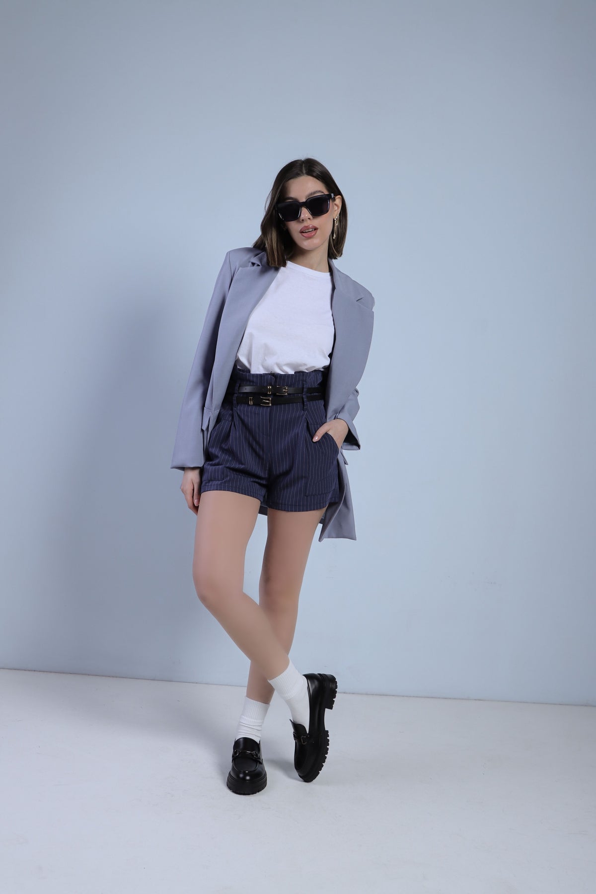 SHORTS GESSATI CON CINTURINI - BLU 30887