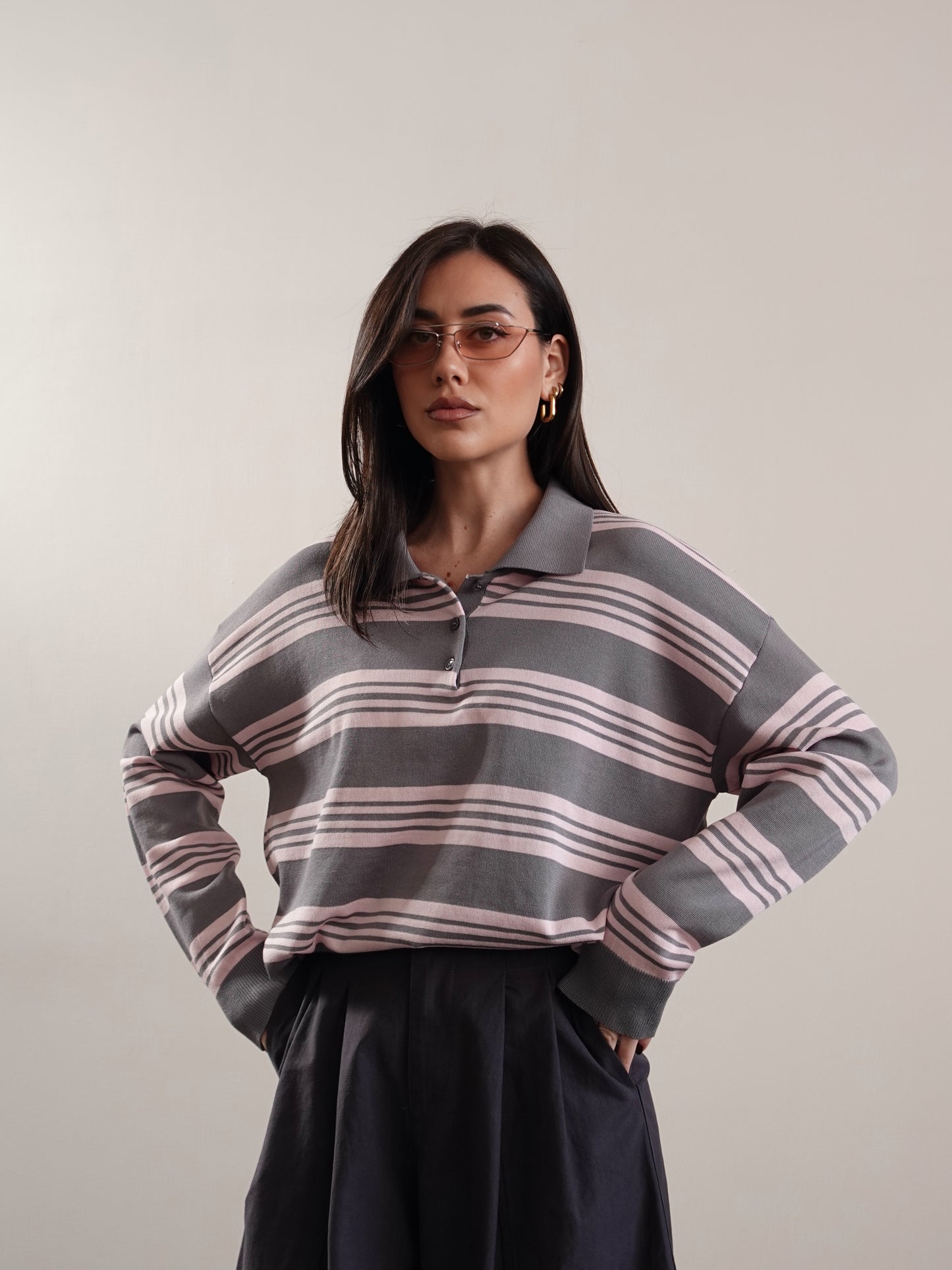 POLO A RIGHE IN FILO - GRIGIO/ROSA 282