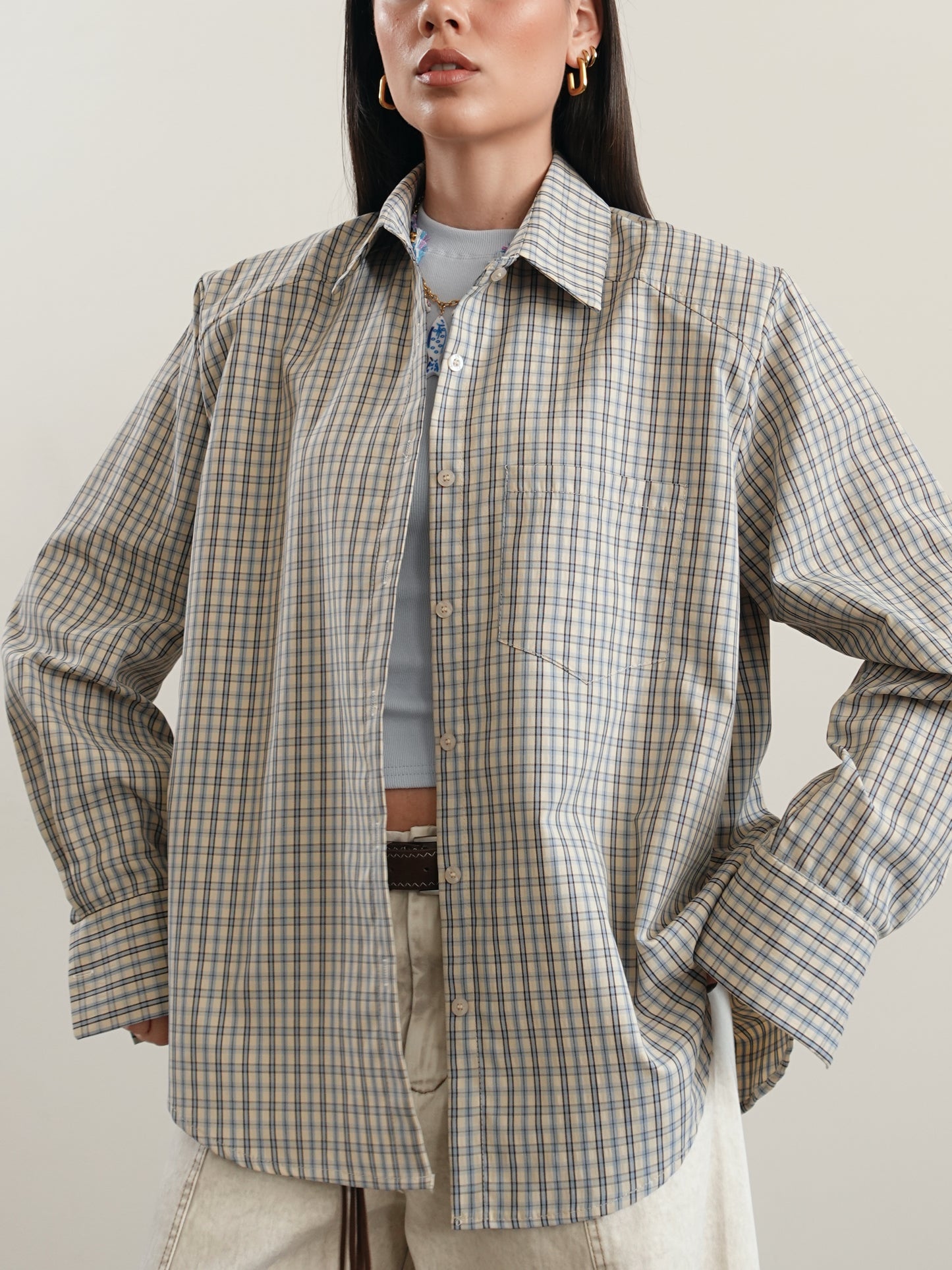 CAMICIA IN COTONE A QUADRI CON SPALLINE - AZZURRO/BEIGE