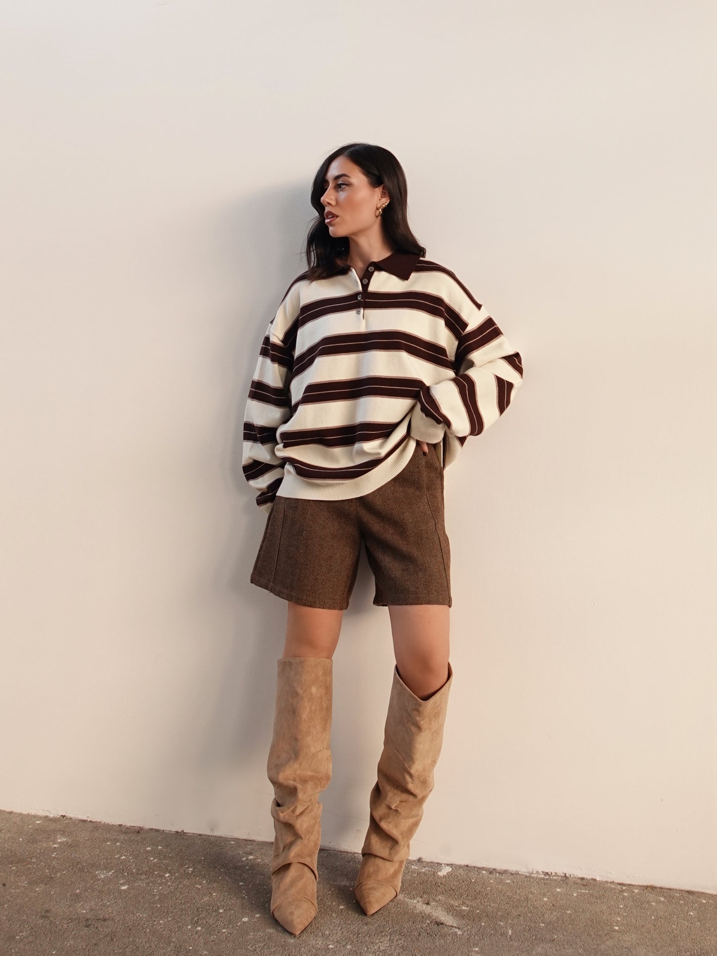 POLO IN MAGLIA OVERSIZE A RIGHE - PANNA/CAFFE' 7197-1