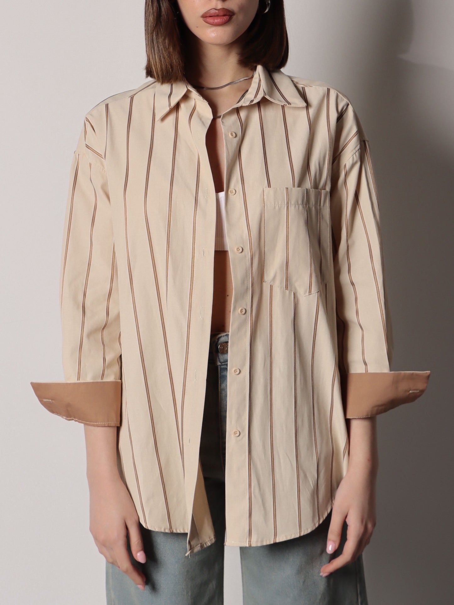 CAMICIA A RIGHE CON POLSINI A CONTRASTO - BEIGE/CAMEL 3266-2