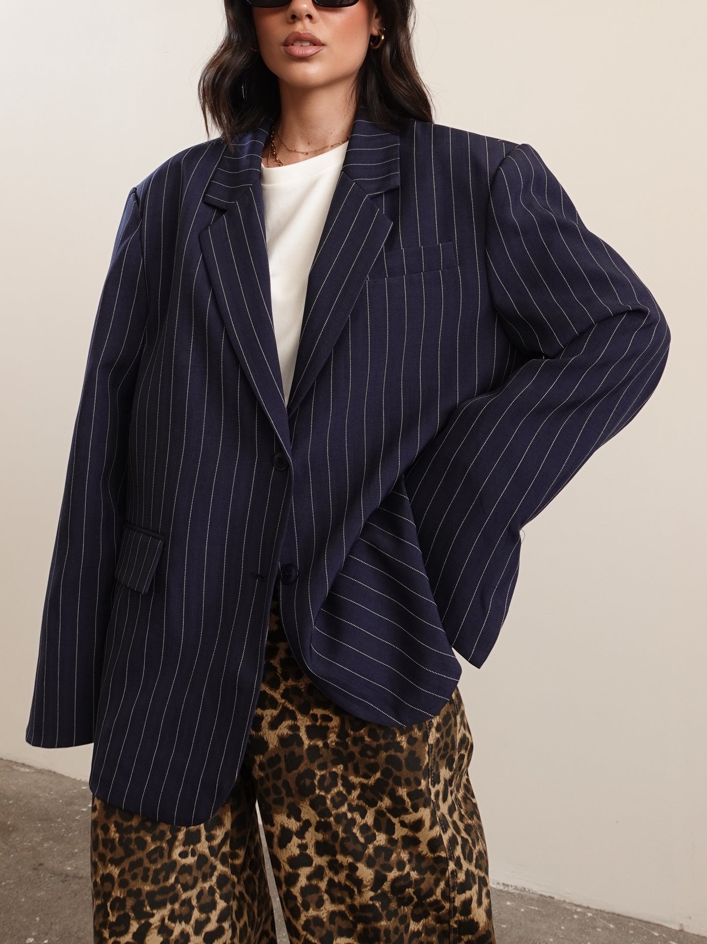 BLAZER GESSATO CON RISVOLTO A CONTRASTO - BLU 3141