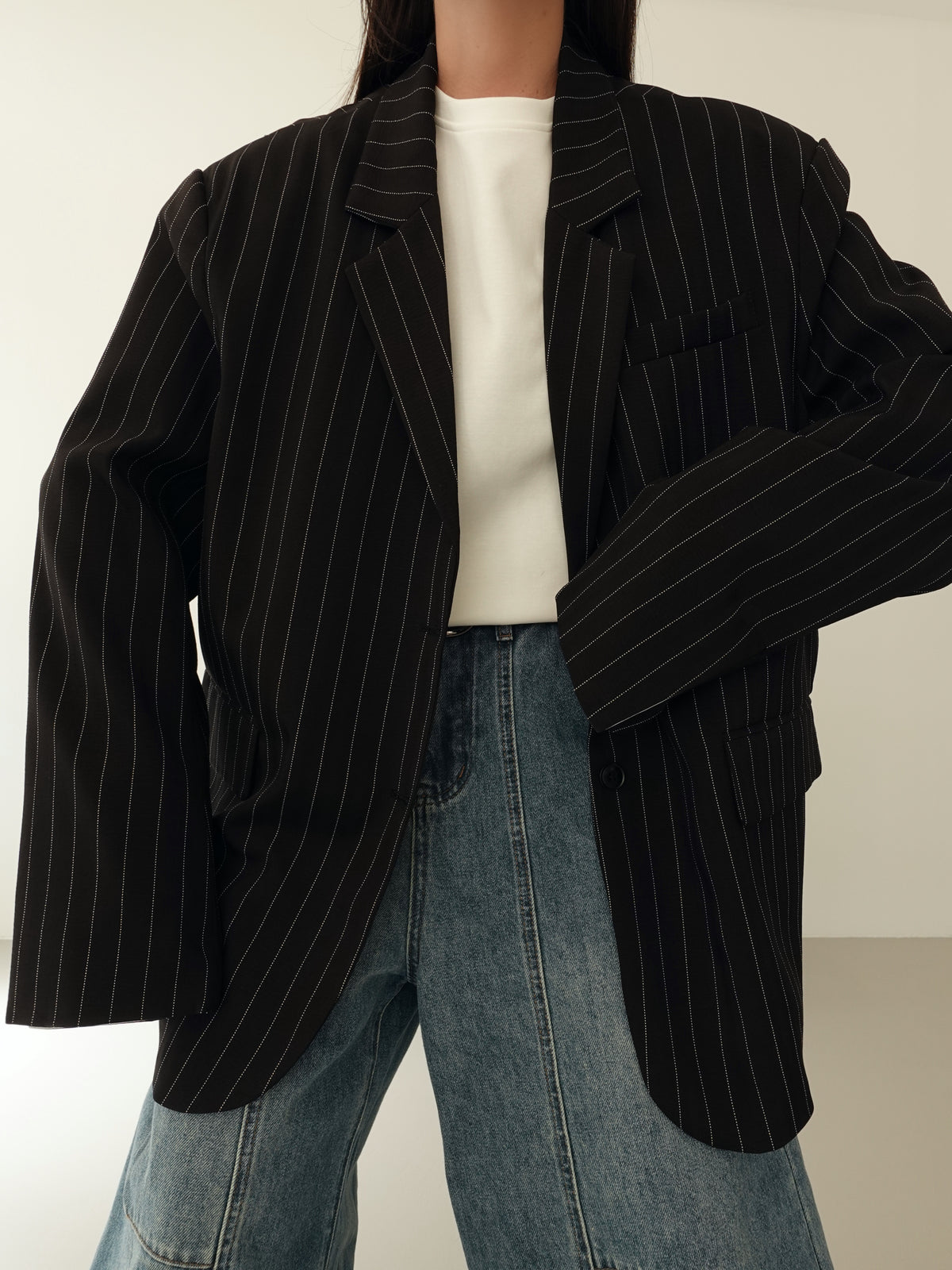 BLAZER GESSATO CON RISVOLTO A CONTRASTO - NERO 3141