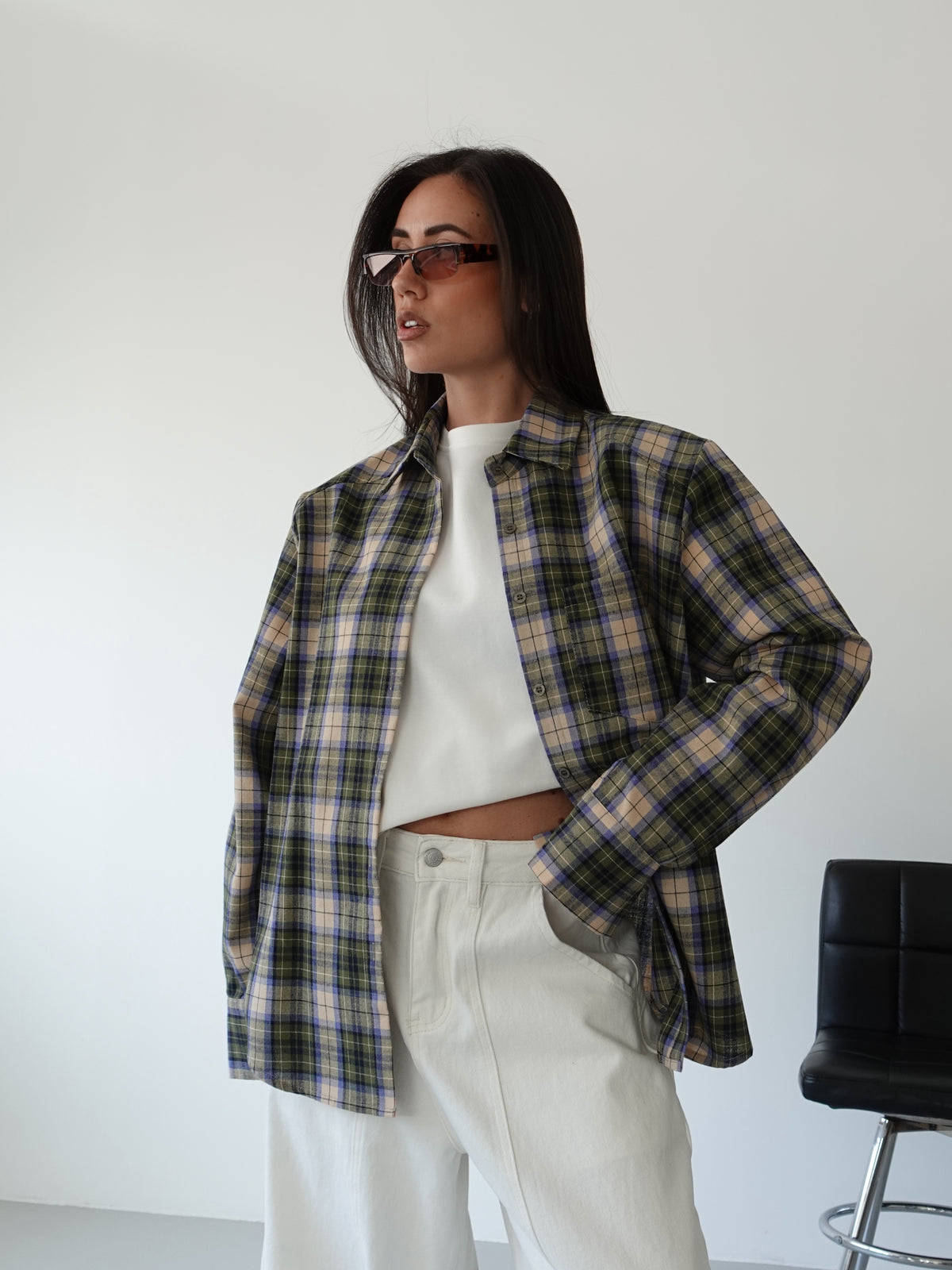 CAMICIA IN COTONE A QUADRI CON SPALLINE - VERDE/BEIGE