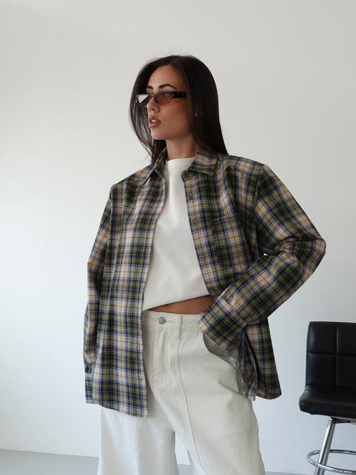 CAMICIA IN COTONE A QUADRI CON SPALLINE - VERDE/BEIGE