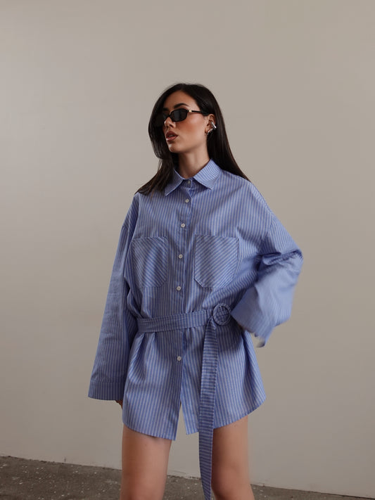 CAMICIA LUNGA A MILLERIGHE CON CINTURA - AZZURRO 19358