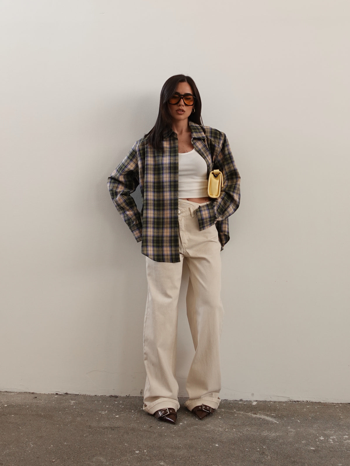 CAMICIA IN COTONE A QUADRI CON SPALLINE - VERDE/BEIGE