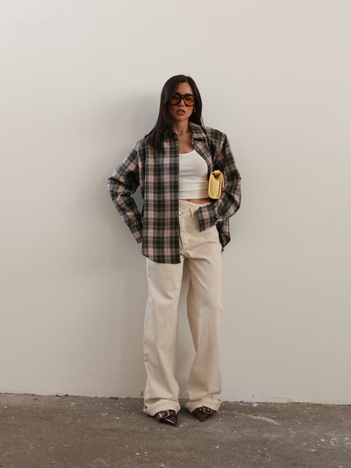 CAMICIA IN COTONE A QUADRI CON SPALLINE - VERDE/BEIGE