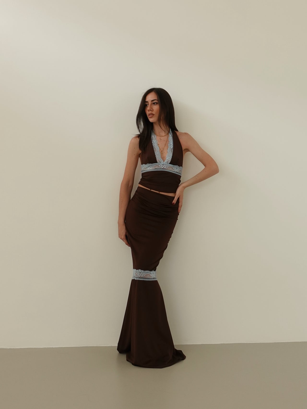 COORDINATO CHARLIZE CON DETTAGLI IN PIZZO - CIOCCOLATO/AZZURRO 6049
