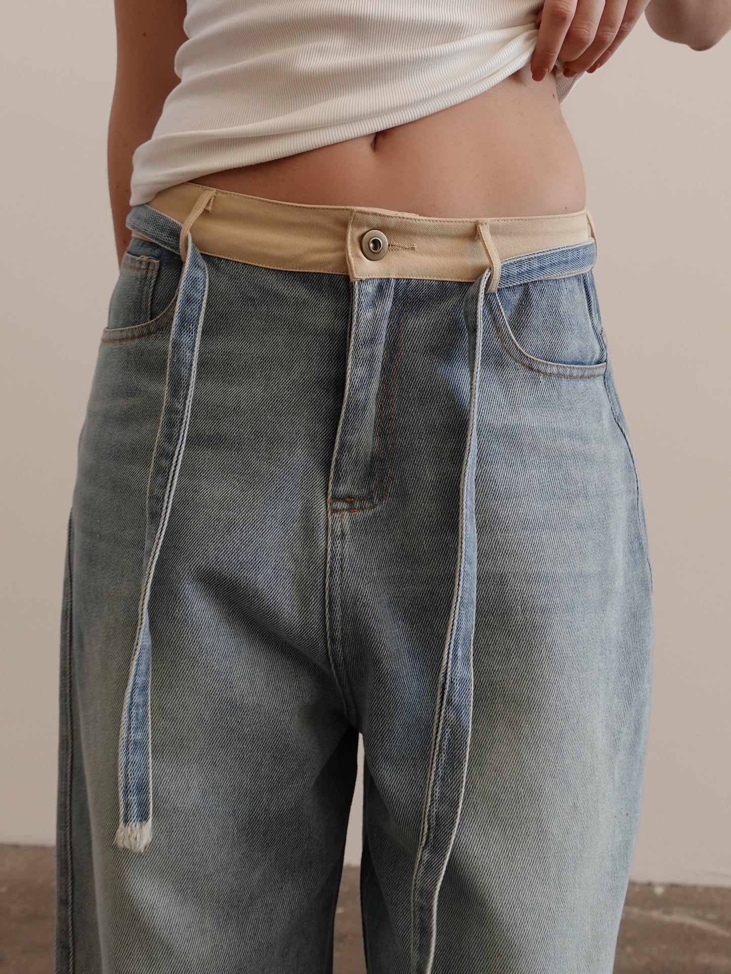 JEANS WIDE LEG CON DETTAGLI IN COTONE - SABBIATO/BEIGE 43042