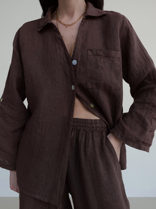 CAMICIA IN LINO CON TASCHINO - MARRONE 6684
