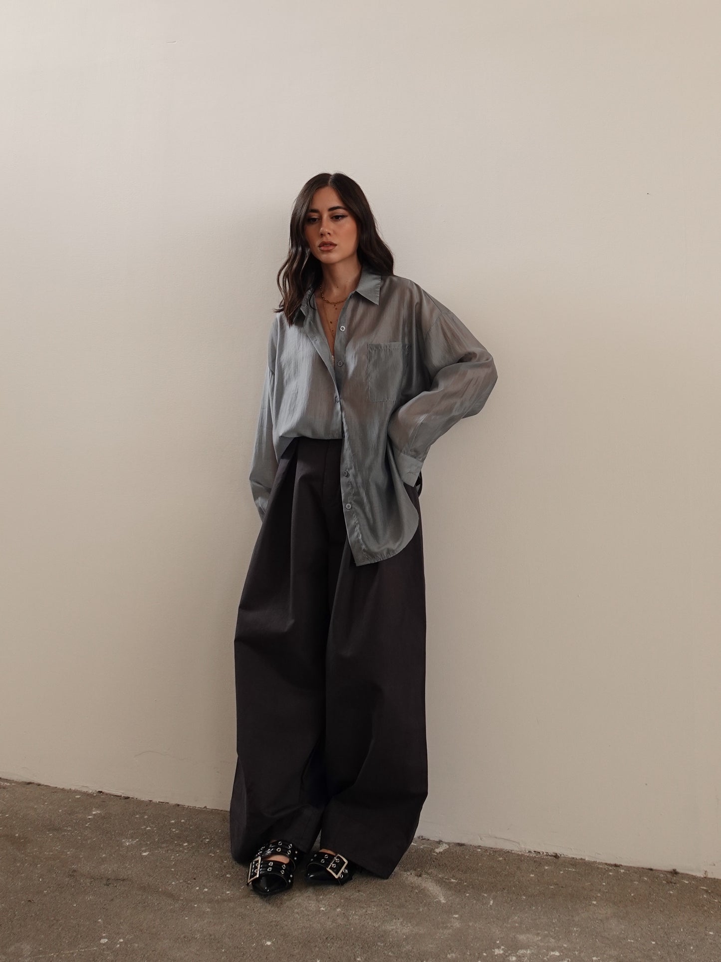 PANTALONI IN COTONE BAGGY BALLOON CON CINTURA - GRIGIO 14741