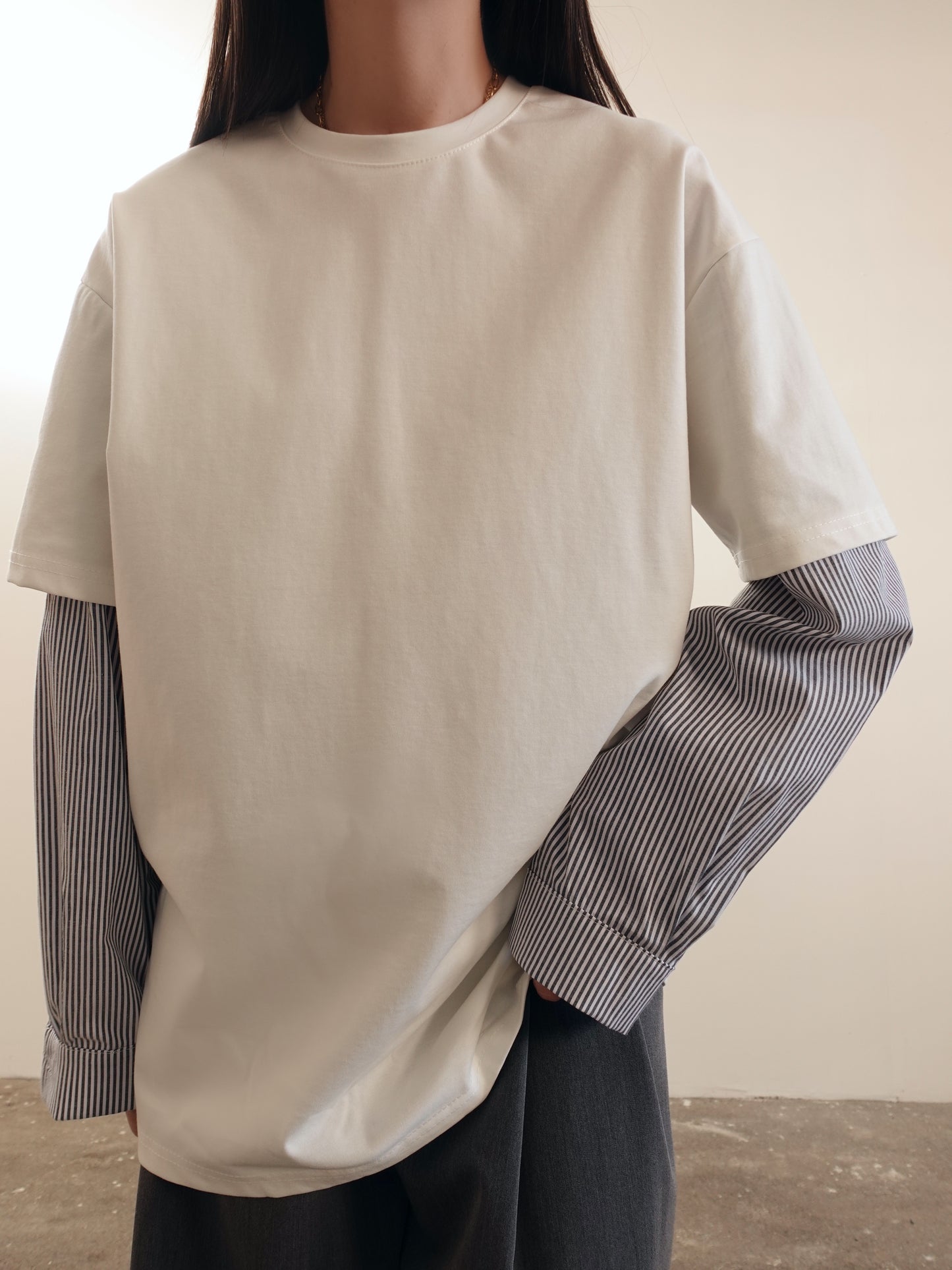 MAGLIA GIROCOLLO CON MANICHE CAMICIA - BIANCO/GRIGIO 1006