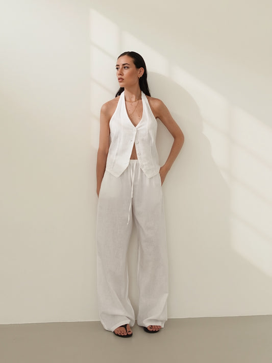 COORDINATO MISTO LINO CON BOTTONCINI - BIANCO 1363/65
