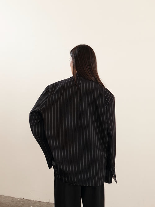 BLAZER GESSATO CON RISVOLTO A CONTRASTO - NERO 3141