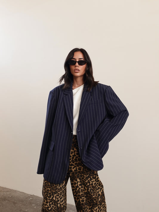 BLAZER GESSATO CON RISVOLTO A CONTRASTO - BLU 3141