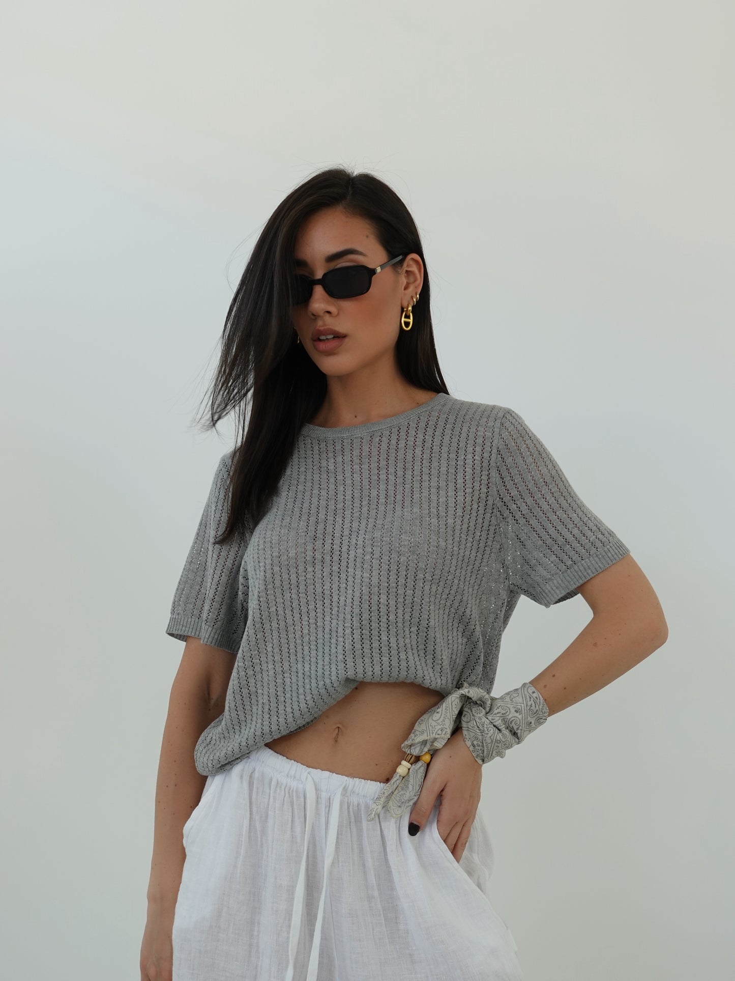T-SHIRT IN FILO CON FOULARD - GRIGIO 3105