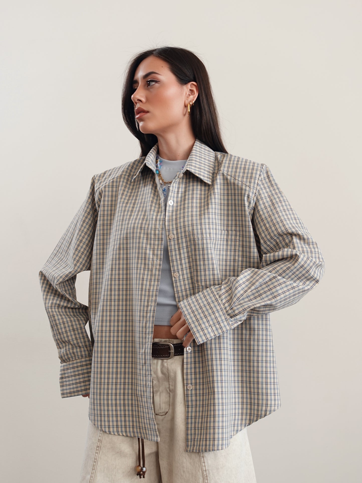 CAMICIA IN COTONE A QUADRI CON SPALLINE - AZZURRO/BEIGE