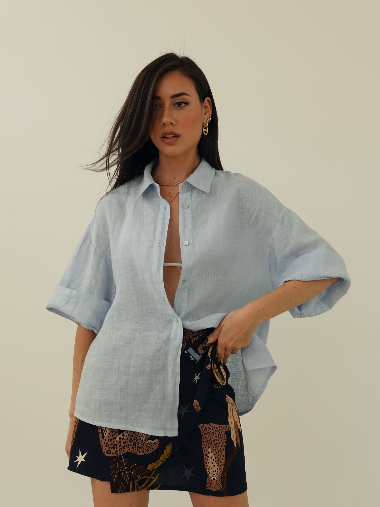 CAMICIA 100% LINO MEZZA MANICA - CIELO 10742