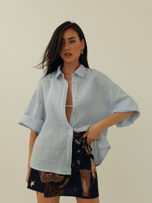 CAMICIA 100% LINO MEZZA MANICA - CIELO 10742