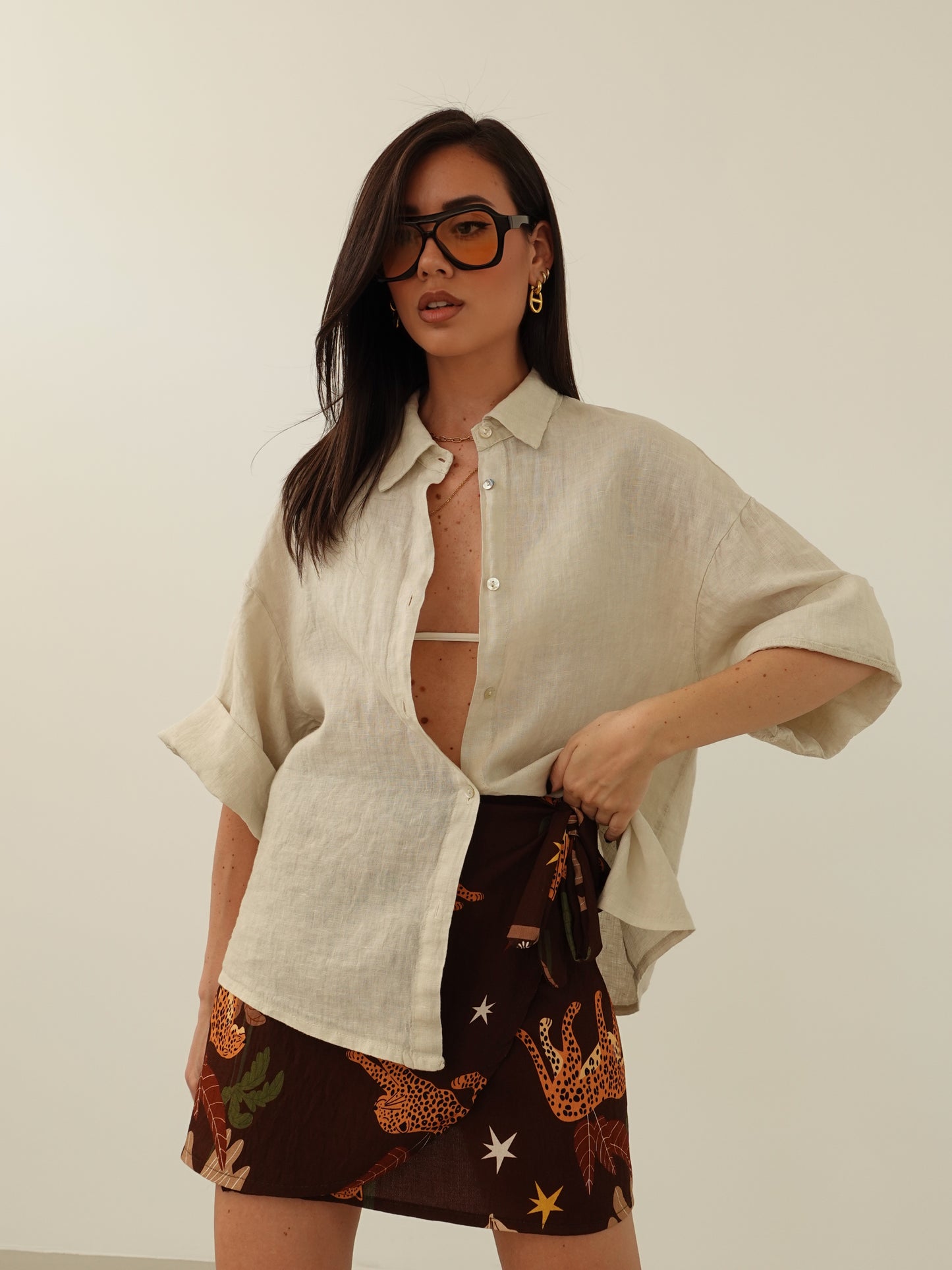 CAMICIA 100% LINO MEZZA MANICA - BEIGE 10742