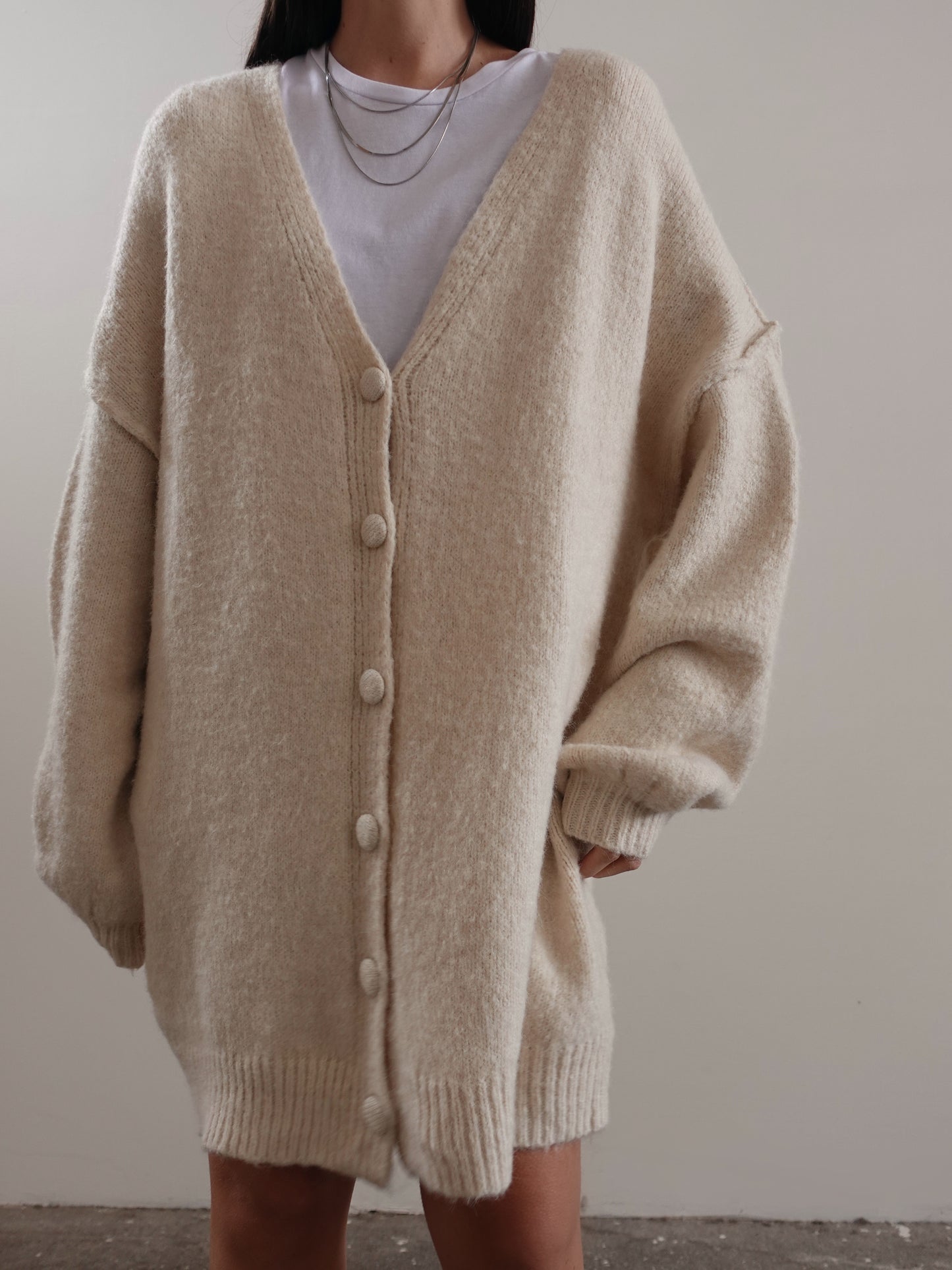 CARDIGAN OVERSIZE CON MANICHE A PALLONCINO - BURRO 50295