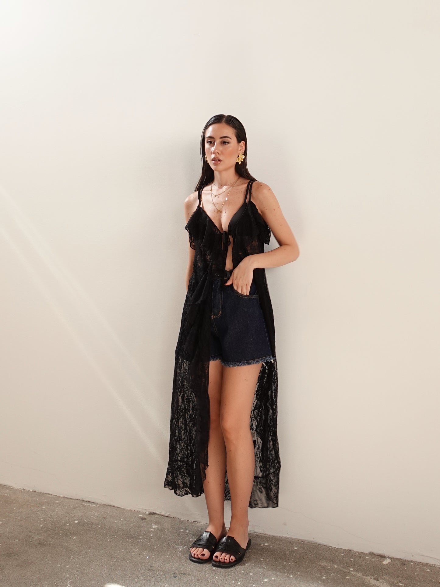 CARDIGAN LUNGO IN PIZZO - NERO 10967