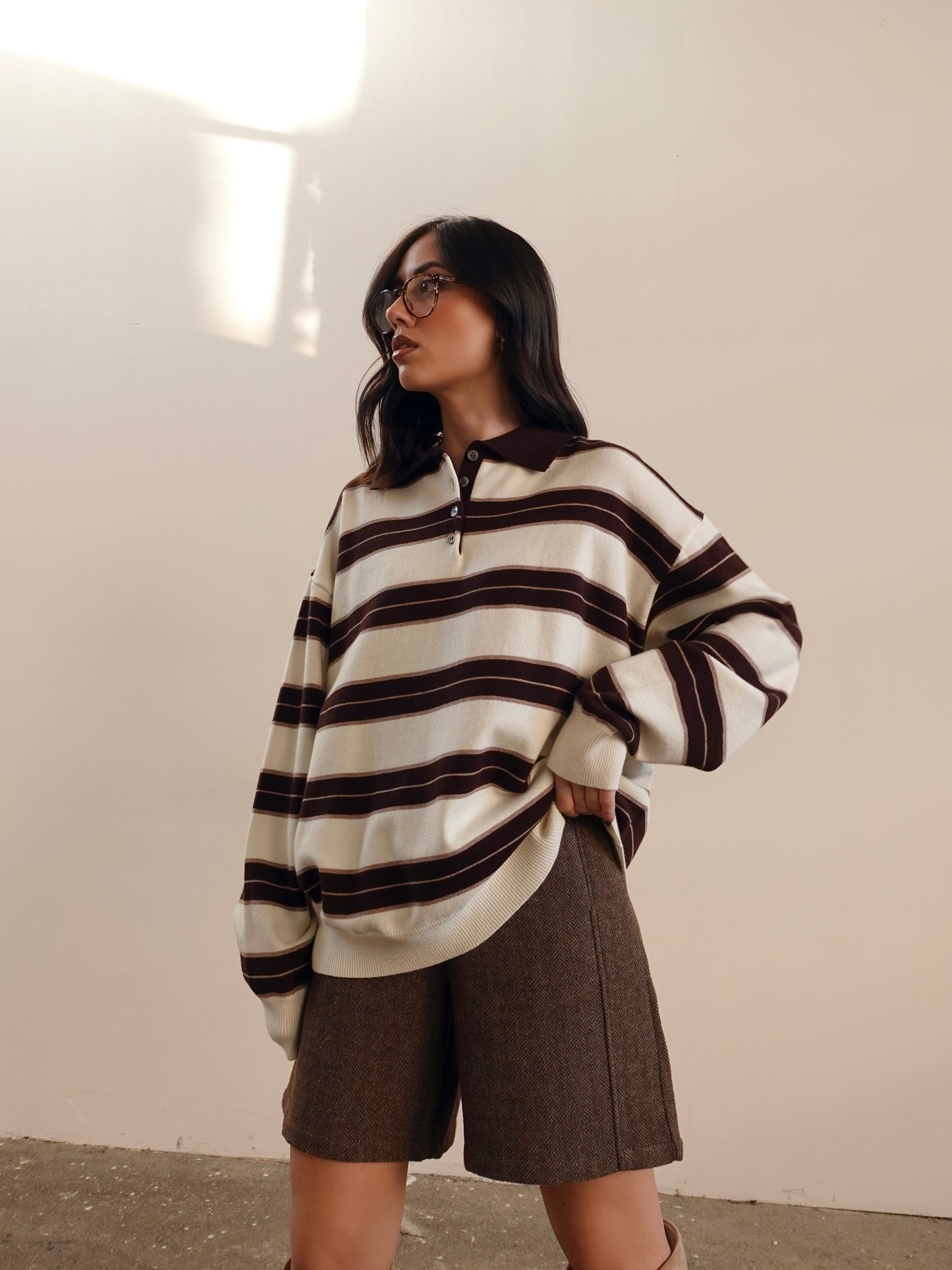 POLO IN MAGLIA OVERSIZE A RIGHE - PANNA/CAFFE' 7197-1