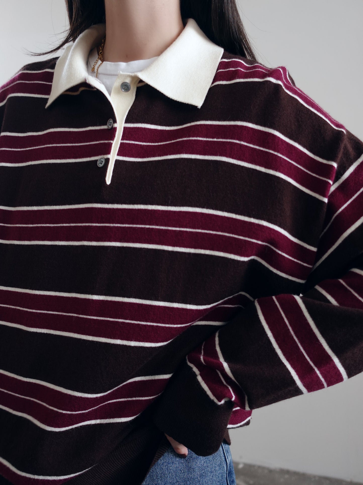 POLO IN MAGLIA OVERSIZE A RIGHE - MARRONE/WINE 7197-1